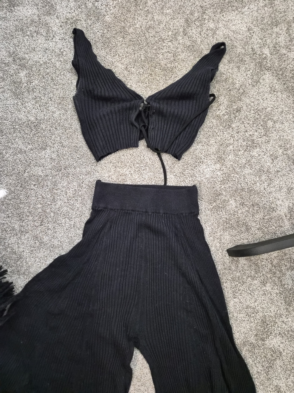 Free People Black Ribbed Wide-Leg Knit Pants Set